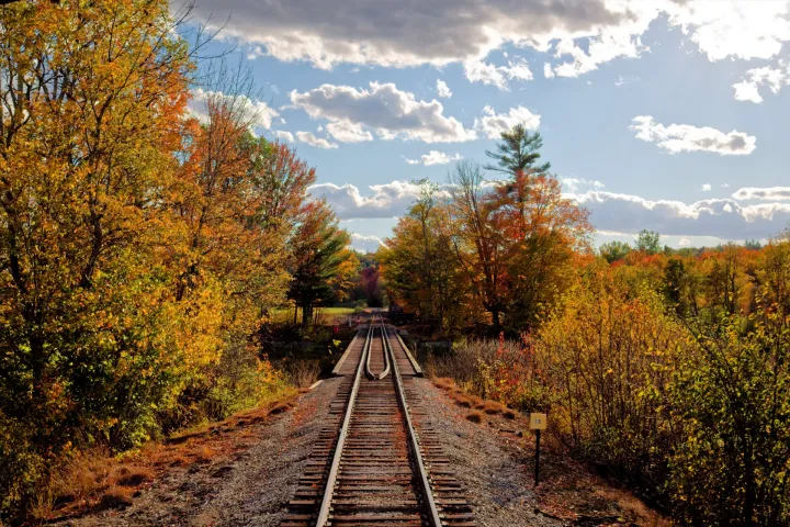Railroad tracks between autumn trees under a partly cloudy sky.