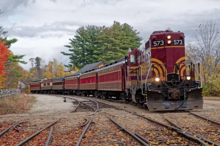 Red and yellow train on tracks surrounded by autumn trees under a cloudy sky.
