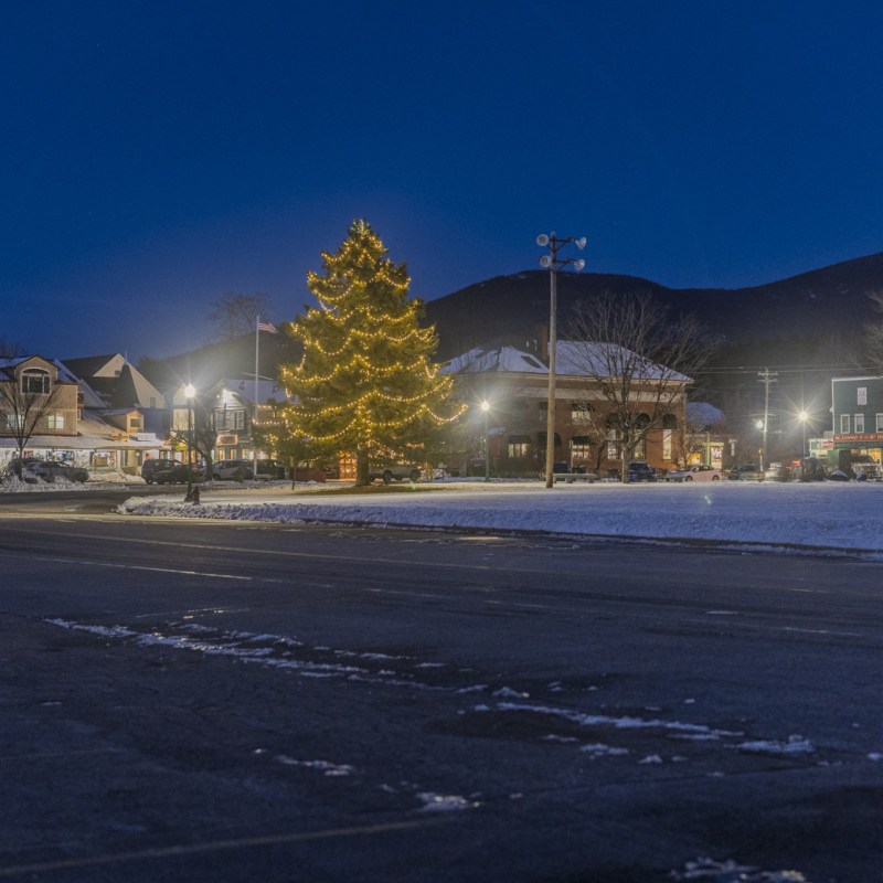 Decorated Christmas tree in snowy town square at dusk with buildings in background.