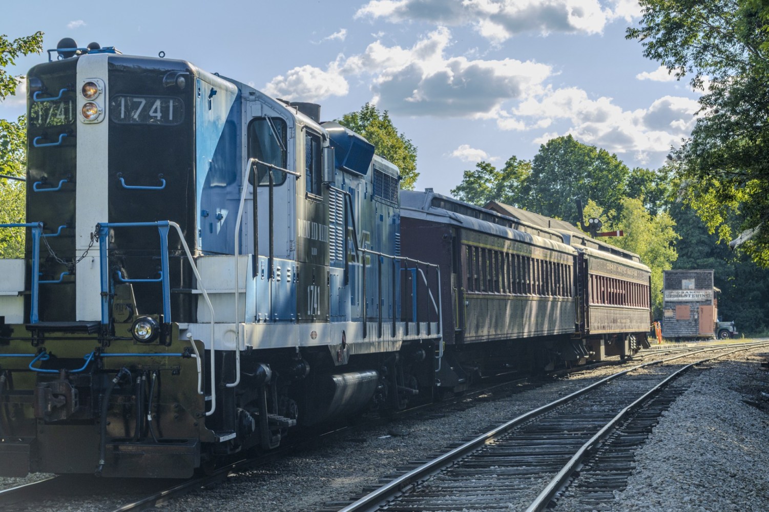 Blue and white train on outdoor tracks with trees and blue sky.